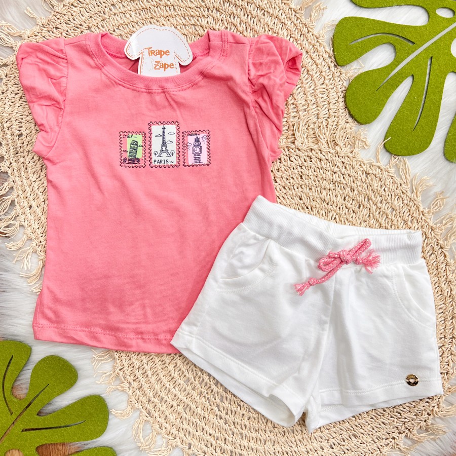 Conj. Blusa Paris e Short em Moletinho - Rosa e Branco